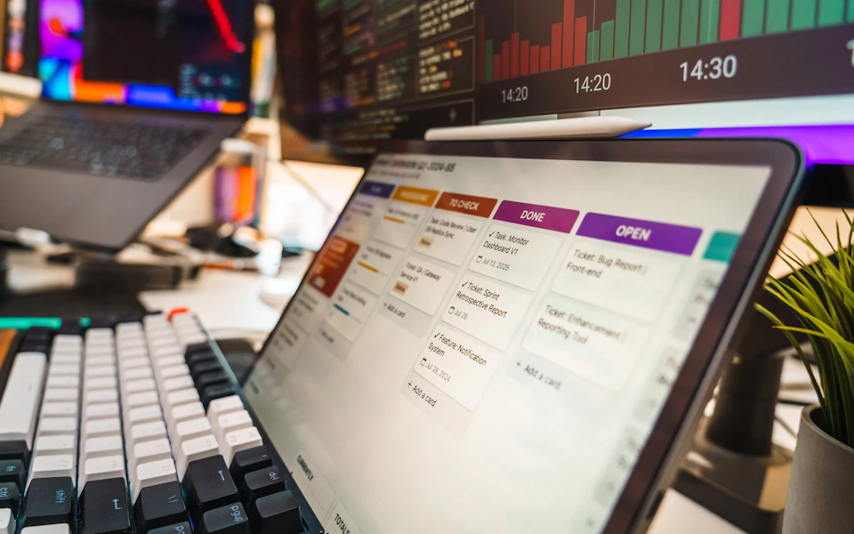 A tablet displaying a project task board